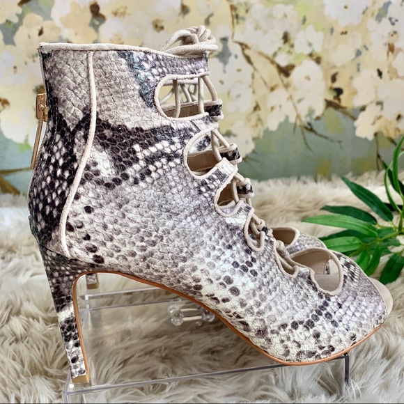 Snake Print Peep Toe Lace-up Ankle Heels Booties - Picture 3 of 6